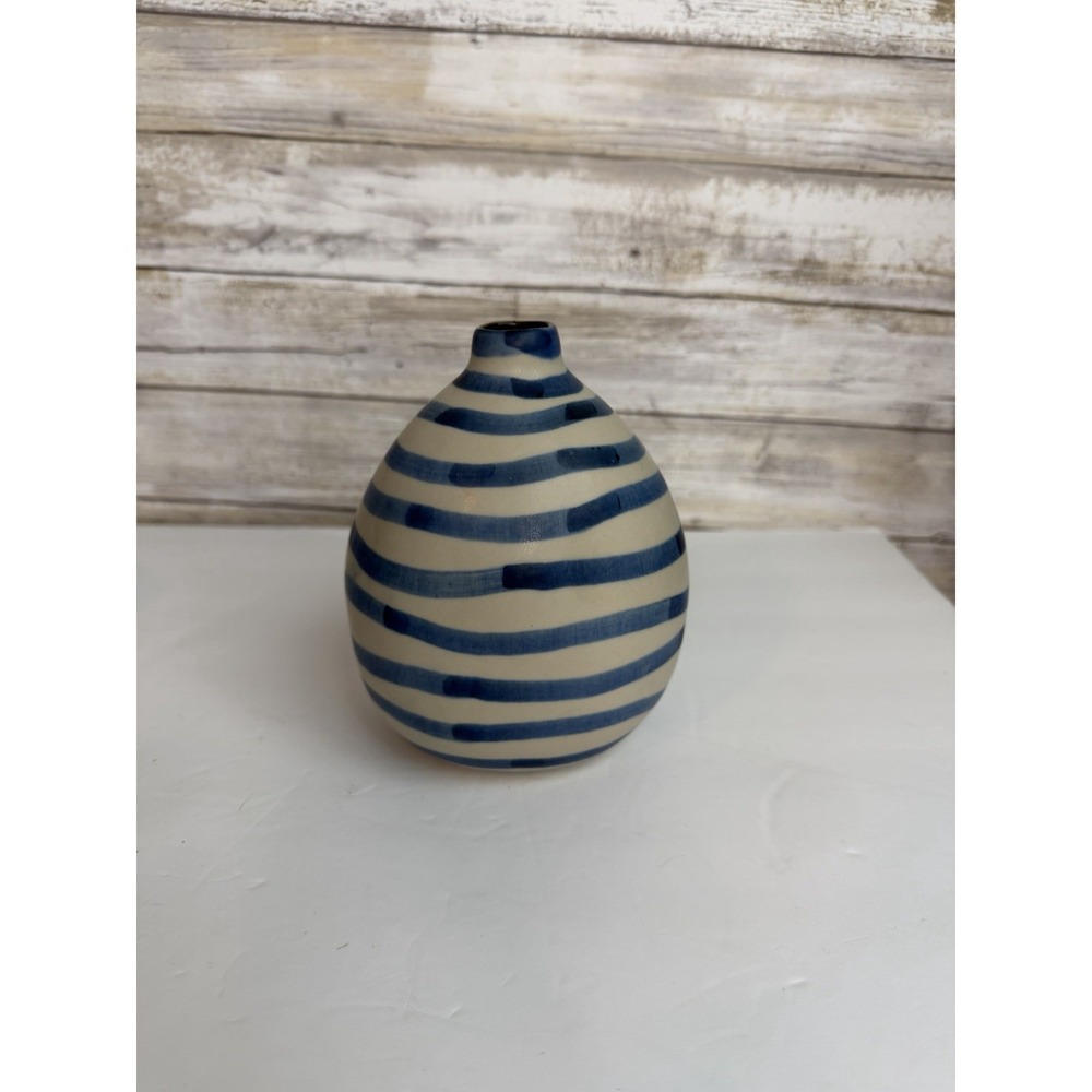 Beautiful Cute Blue Striped Shaped Bud Vase Made In Thailand Great Condition 6"